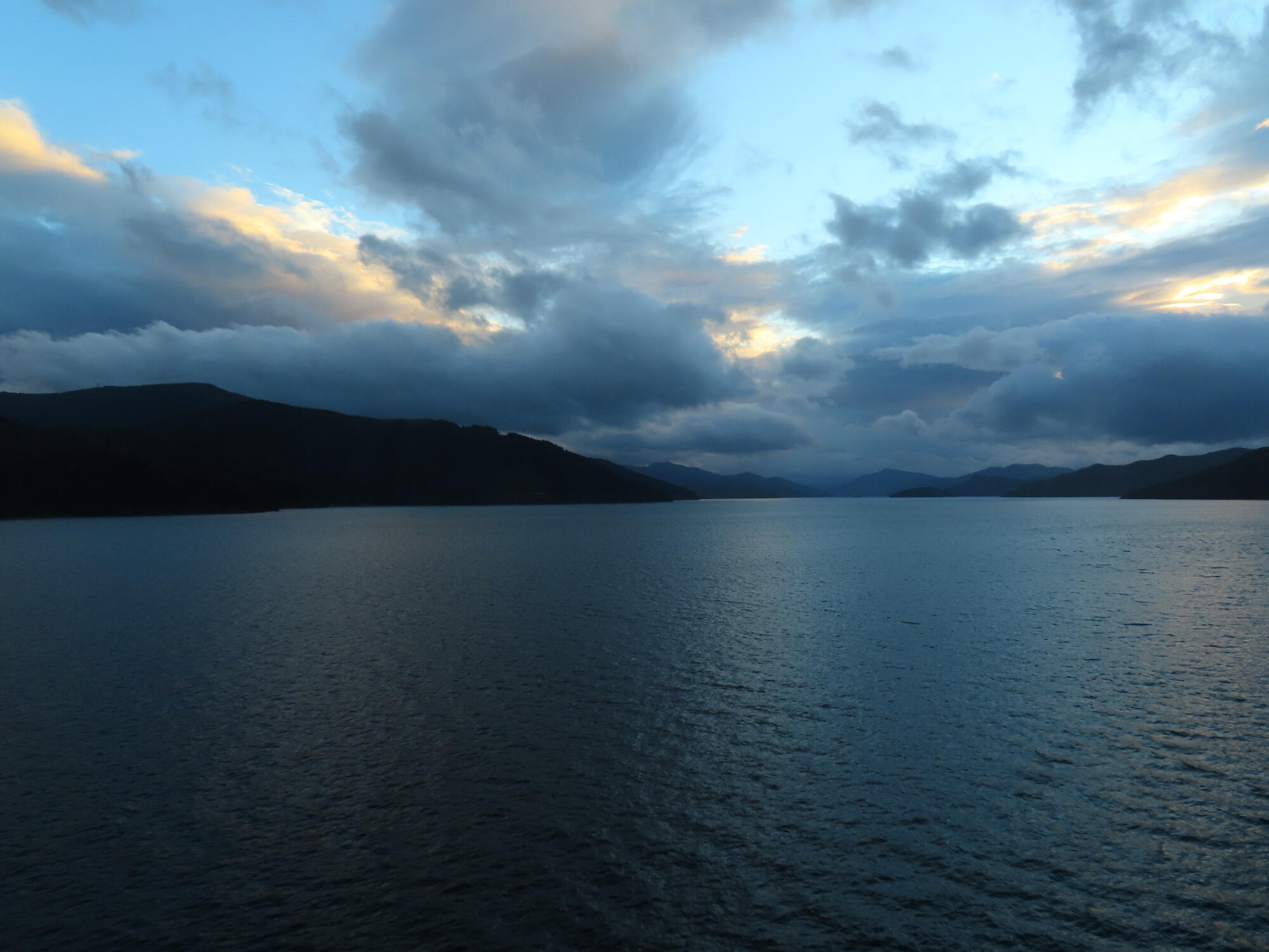 A view of Cook Strait (arriving into Picton) at dusk in New Zealand 2026